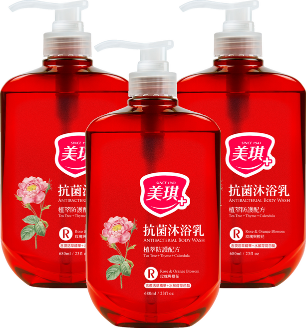美琪 抗菌沐浴乳 玫瑰與橙花, 3個, 680ml
