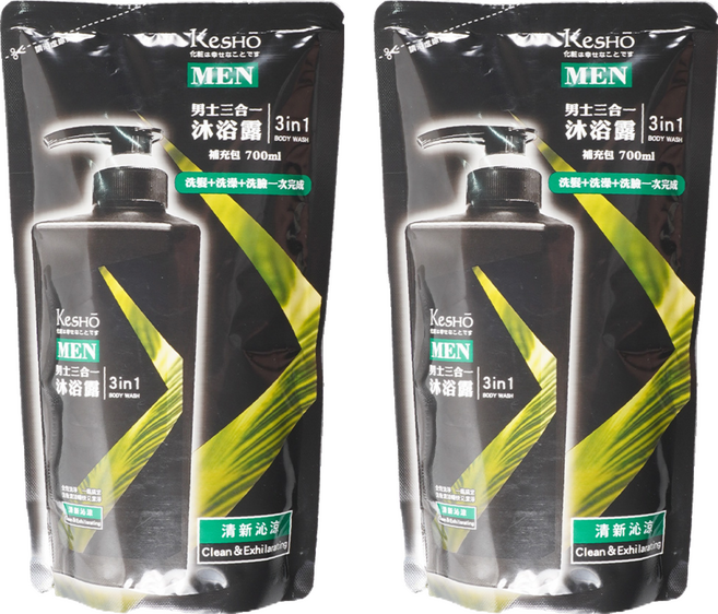 KeSHO 男士三合一清新沁涼沐浴露補充包, 2個, 700ml