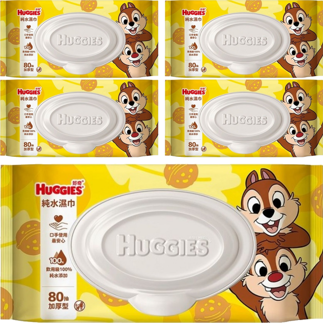 HUGGIES 好奇 純水濕巾 加厚型 奇奇蒂蒂 加蓋款 40570, 5個, 80張, 60gsm