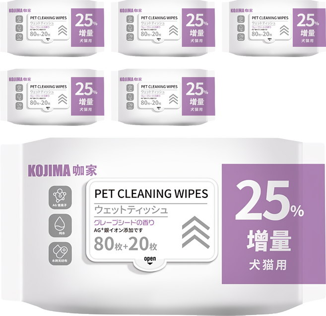 KOjIMA 犬貓用 果物清香 寵物濕巾 100張, 1入, 6包