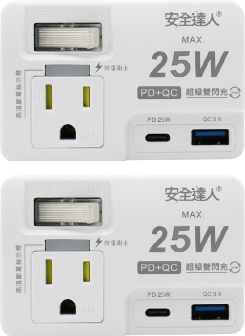 安全達人 PD USB插座 1開2插3P+2P 25W R-61P25NC, 白色, 2個, 8.5cm