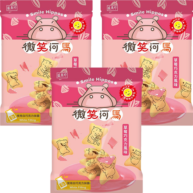 盛香珍 微笑河馬餅 草莓巧克力風味, 200g, 3個