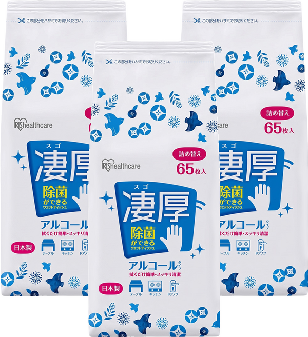 IRIS OHYAMA 愛麗思歐雅瑪 除菌極厚濕紙巾酒精型補充包 WTT-65A 65張, 3套, 1個裝, 5g