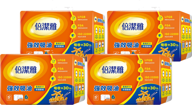 倍潔雅 強效吸油料理廚房捲筒式紙巾, 4套, 6捲
