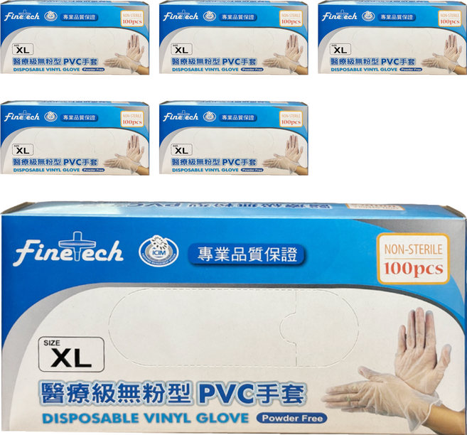 Finetech 釩泰 醫療級無粉型PVC手套 未滅菌 XL 透明色 100個, 6盒