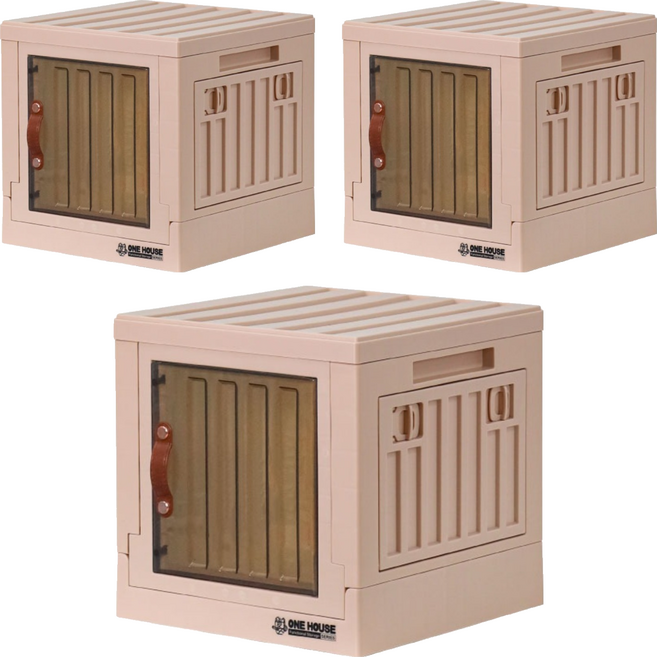 ONE HOUSE 小丹尼貨櫃五開門折疊收納箱 28L單扇款 OH-Q249-E2, 卡其粉, 3個