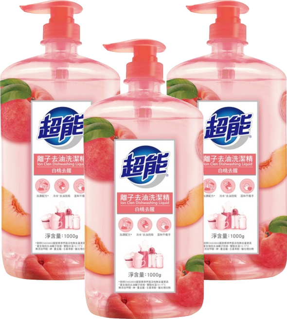 超能 離子去油洗潔精 白桃去腥, 1kg, 3瓶