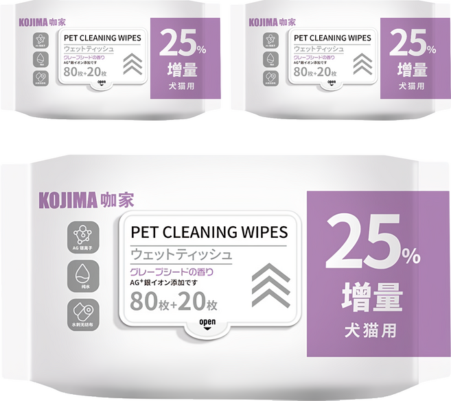 KOjIMA 犬貓用 果物清香 寵物濕巾 100張, 1入, 3包