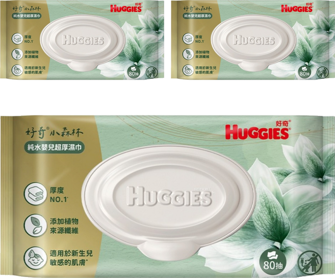 HUGGIES 好奇 Y24 小森林純水嬰兒超厚濕巾 40523, 3個, 80張, 70gsm