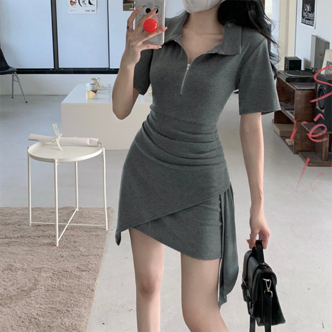 PEONIST 不對稱短袖拉鍊修身迷你洋裝, 灰色