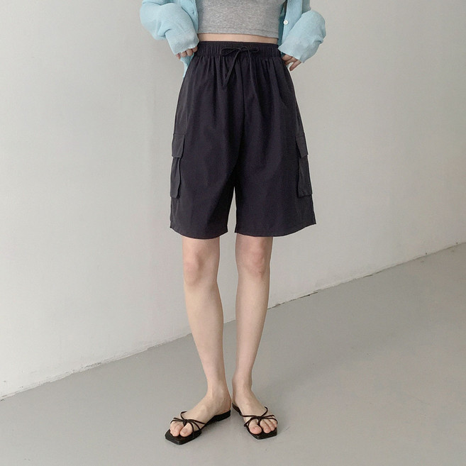 Planday 女款 G-bell 尼龍鬆緊帶工裝短褲 中長版