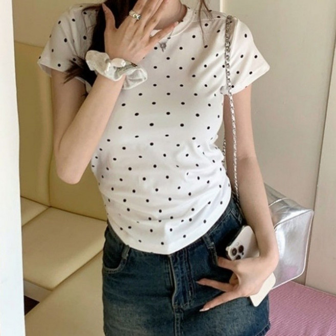 I'M MONG 女款透氣針織圓點修身短袖T恤