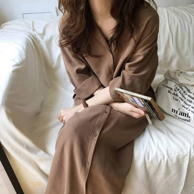 女款兩穿襯衫連身裙, 棕色
