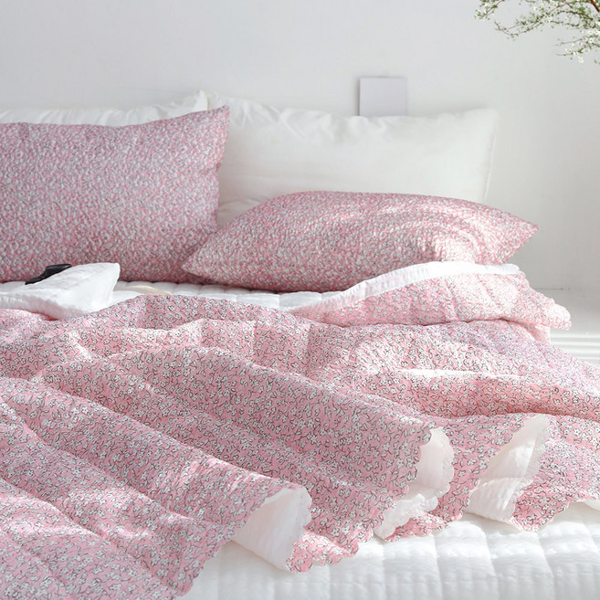 SCOHome 雪花涼感泡泡紗滾邊薄被 + 枕頭套組