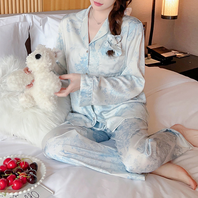 Anna&Co 女款水墨畫絲質長袖睡衣上下套裝