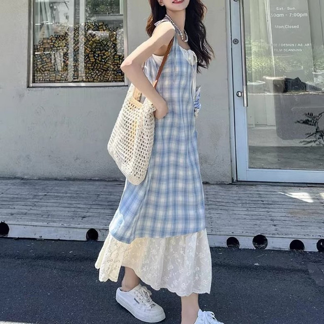 I'M MONG 女款Nevleby格紋層次長版連身裙, 藍色