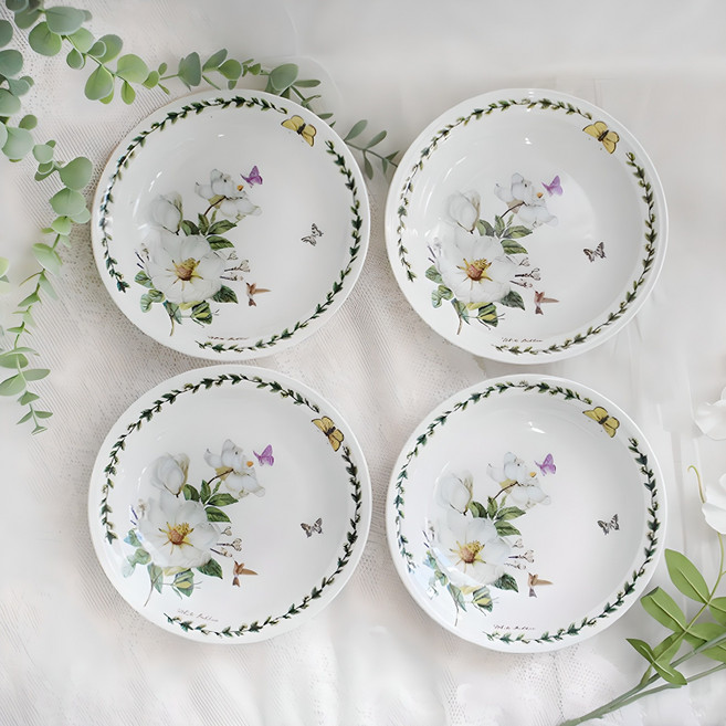 Royal Essex 木蘭骨瓷7吋圓形深口配菜盤 18.4cm 4入組, 花卉圖案 白色, 4個