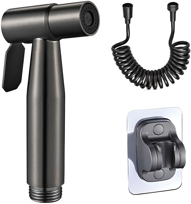 SPRAY GUN 不鏽鋼沖洗器 + 3米螺旋軟管 + 黏貼式掛架 套組, 1組, 灰色