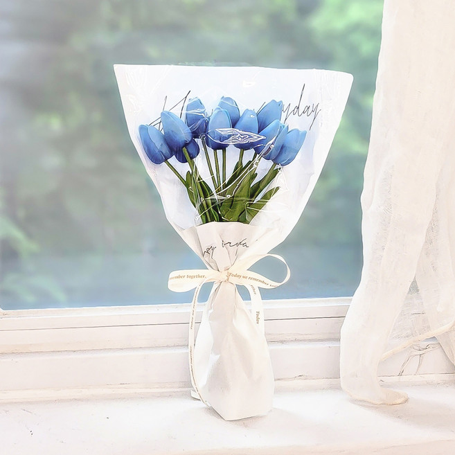 ASPASIA Sena 牛皮紙刻字鬱金香10朵花束+ 提袋, 藍色, 1個