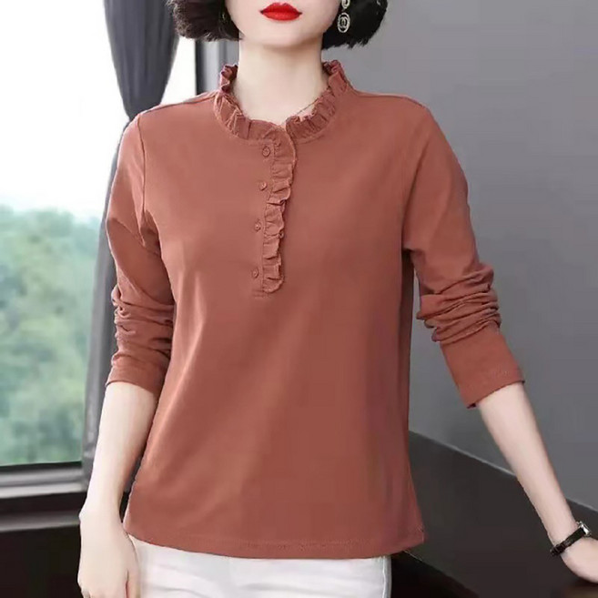 MarketA 女款抓皺荷葉邊亮點素色T恤