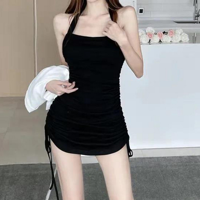 Goodif Bellang 削肩抓皺H字型迷你無袖連身裙, 黑色