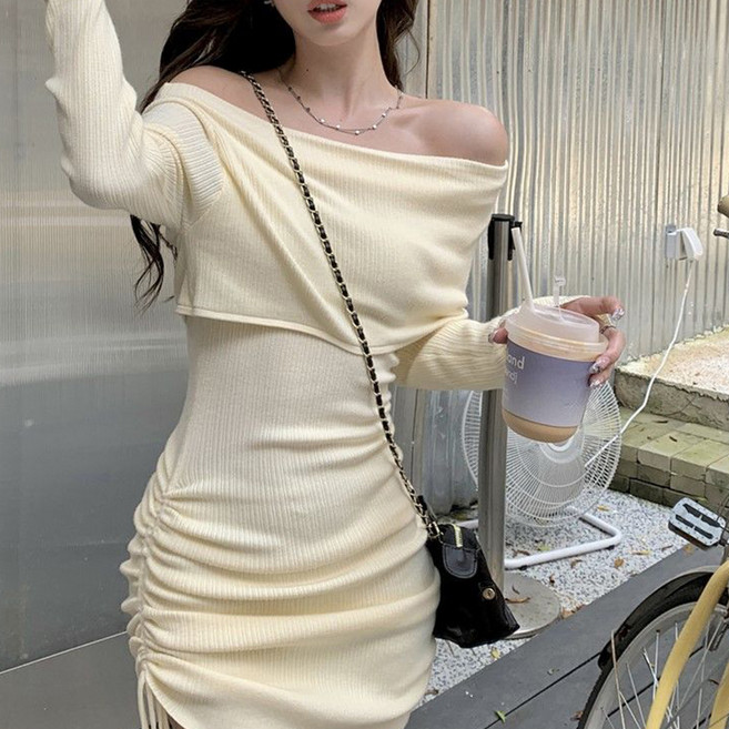 Goodif 女款細羅紋一字領抓皺迷你連身裙, 杏色