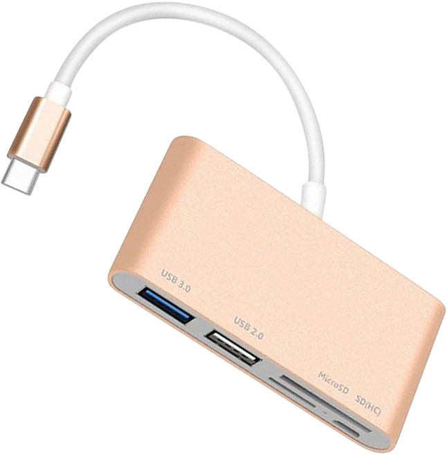 NEWVIA 5合1多功能 Type-C 讀卡機 USB集線器 SDC-T5, 金色