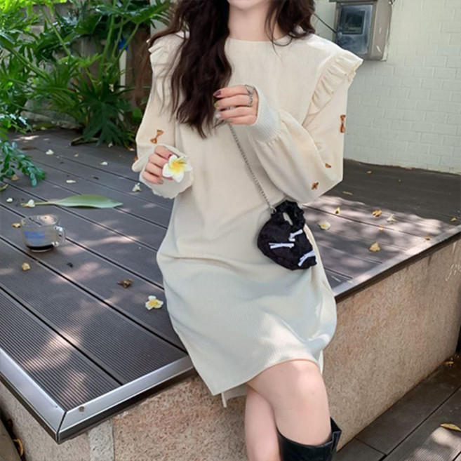 Goodif 女款細緻蝴蝶結襯衫一體式長版連身裙, 杏色