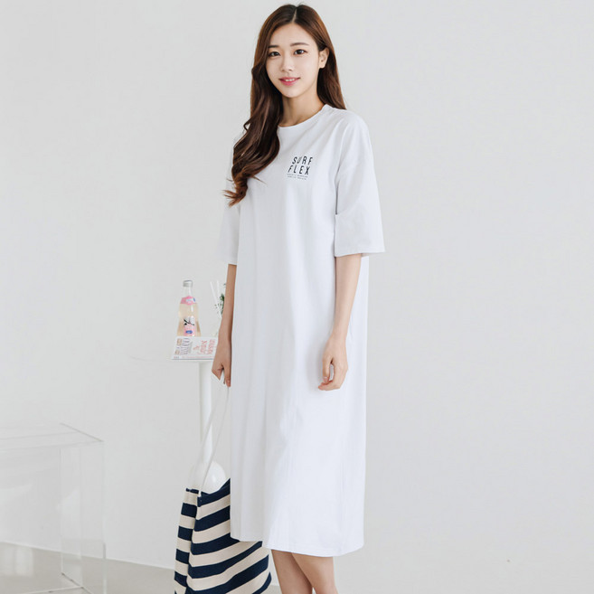 HERRINGBONE apparel 夏季開衩短袖長版海灘連身裙 HE065, 白色