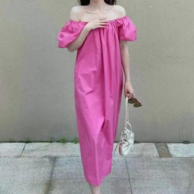 PEONIST 泡泡袖露肩長版連身裙 含大尺碼, 粉紅色