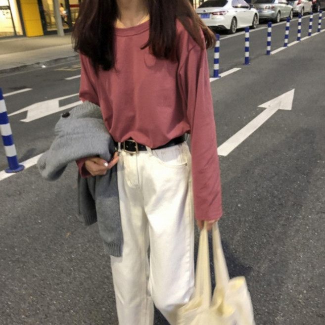 女款圓領素色長袖T恤