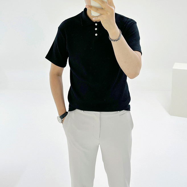 Adore Classic 男士精緻領鈕扣亨利領春夏短袖T恤