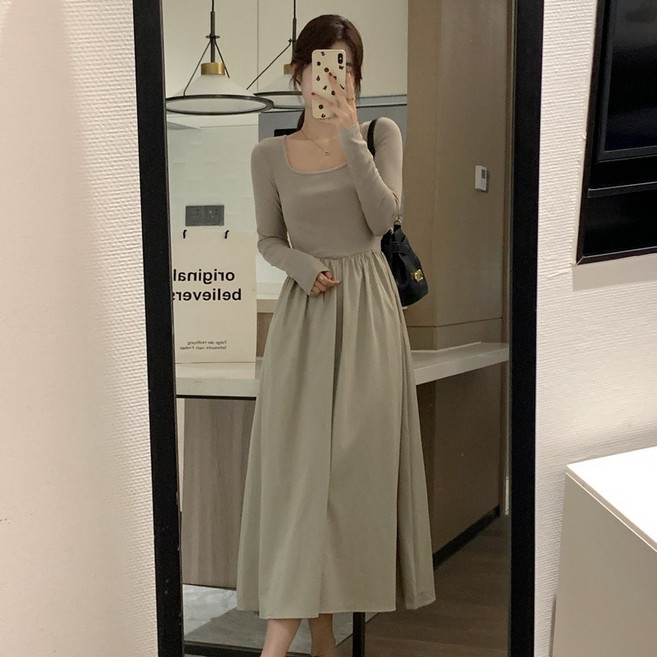 I'M MONG 女款Bonada傘狀方領長版連身裙, 卡其色