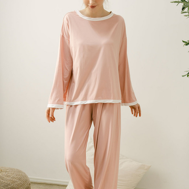 Anna&Co 女性撞色寬鬆版長袖睡衣家居服上下套裝