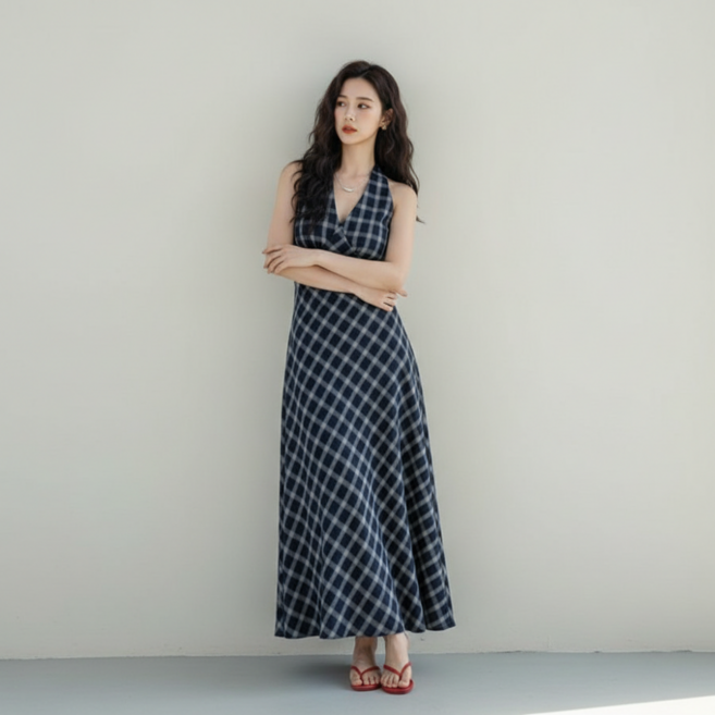 Goodif 女款圓點掛脖長版修身及踝洋裝