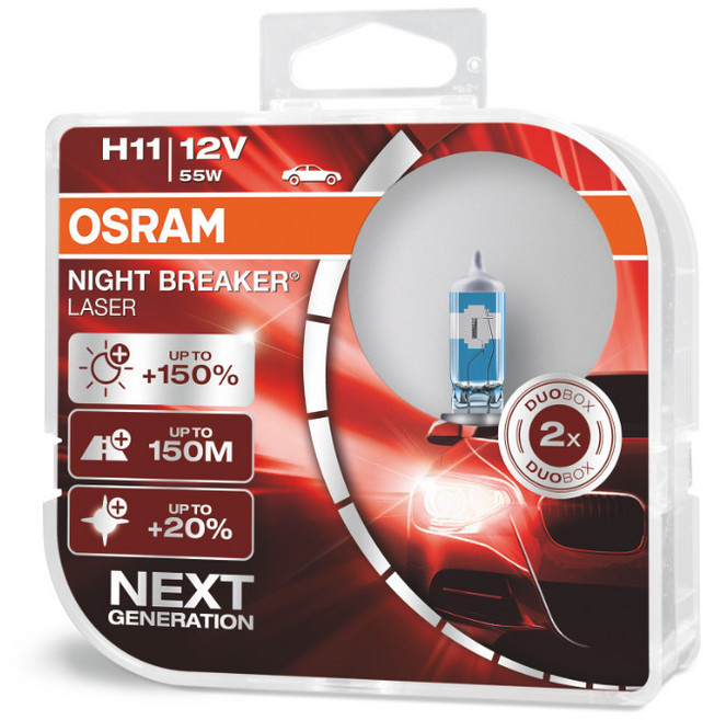 OSRAM 歐司朗 NIGHT BREAKER LASER 鹵素頭燈 加強版+150% H11, 2個, 混合色