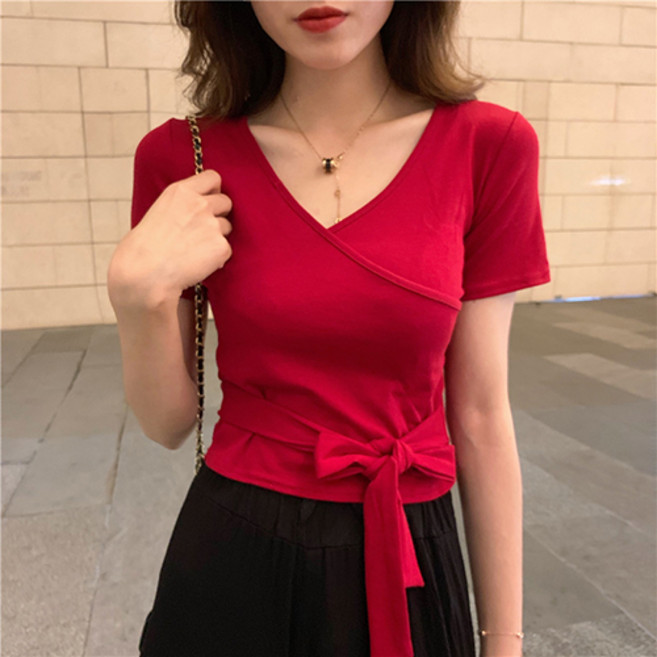 Goodif 女款透氣可愛V領蝴蝶結腰帶素色T恤