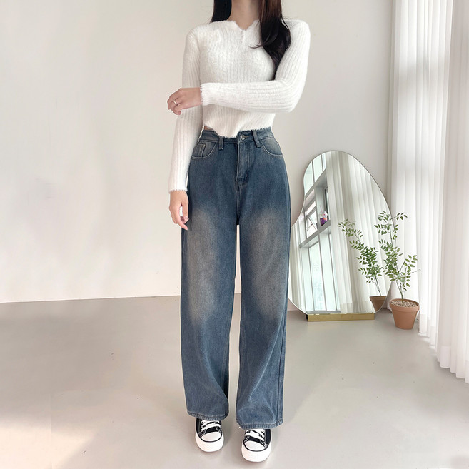jalbba jean 女款Kana絨毛內刷毛水洗寬版丹寧褲
