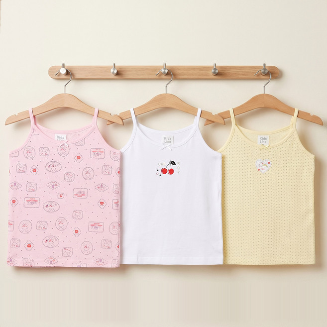 Kids Line 兒童櫻桃女孩純棉細肩帶背心3件組