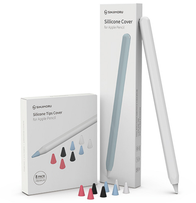 SINJIMORU Slim Apple Pencil Pro 第2代 矽膠保護套 + 矽膠筆尖保護蓋 4種 x 2入組, 白色(保護套), 1套