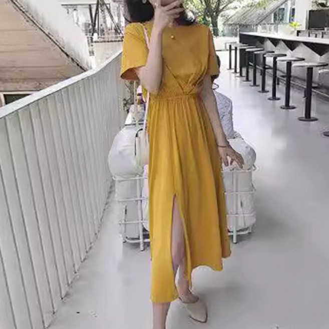 Goodif 蘿拉短袖圓領開衩長版連身裙, 黃色