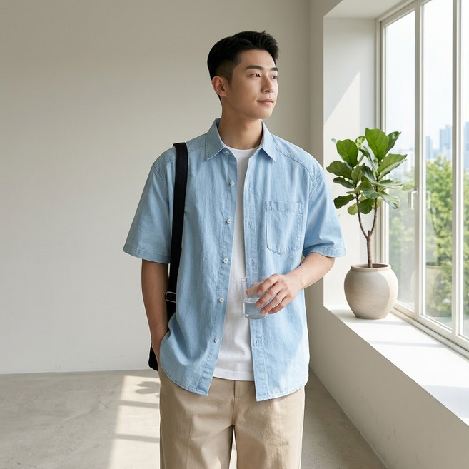 Dotif 男士素色口袋翻領短袖襯衫 D263-0857BU