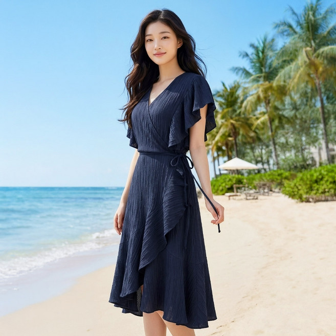 HERRINGBONE apparel 女款V領短袖荷葉邊裹身中長版洋裝 HJ200, 海軍藍