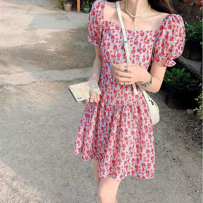 PEONIST 花卉法式泡泡袖迷你連身裙, 單一顏色