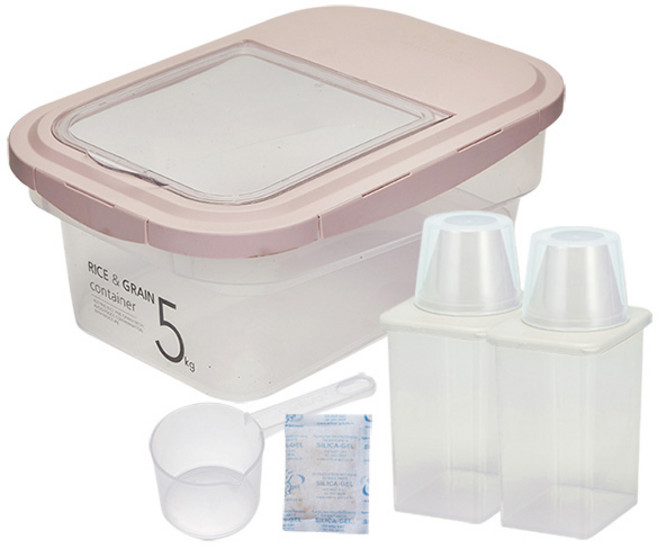 cimelax 密封儲米箱5kg*1個+穀物密封保鮮罐950ml*2個, 透明粉紅色, 1組