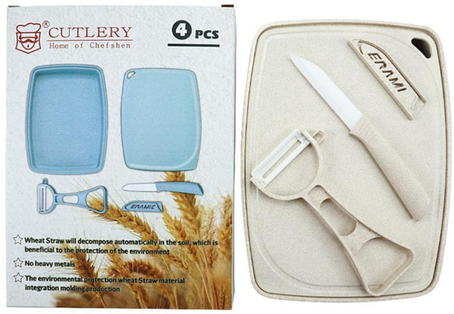 CUTLERY Home of Chefshen 無毒陶瓷麥纖維水果刀削皮砧板托盤4件組 顏色隨機, 水果刀 + 削皮刀 + 砧板 + 水果托盤, 1套