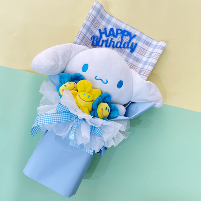 LOVELY FARM 人造花 三麗鷗 中型娃娃微笑花束 + Happy Birthday插牌套組, 1套, 大耳狗喜拿