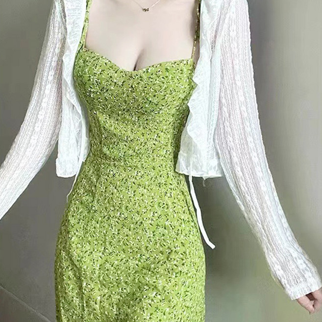 Elsso 夏季花朵綁帶海灘洋裝, 綠色