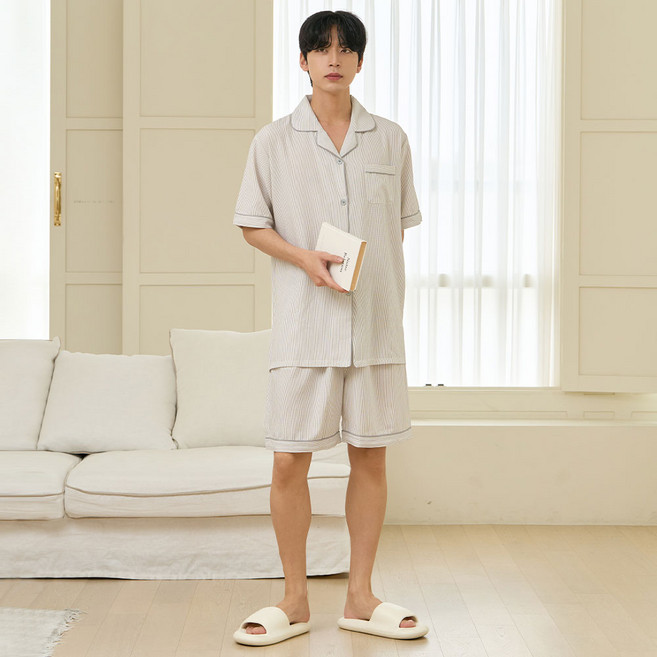 GLAM GONGGAM 情侶款 Yoryu 玻璃條紋短袖兩件式睡衣上下套裝