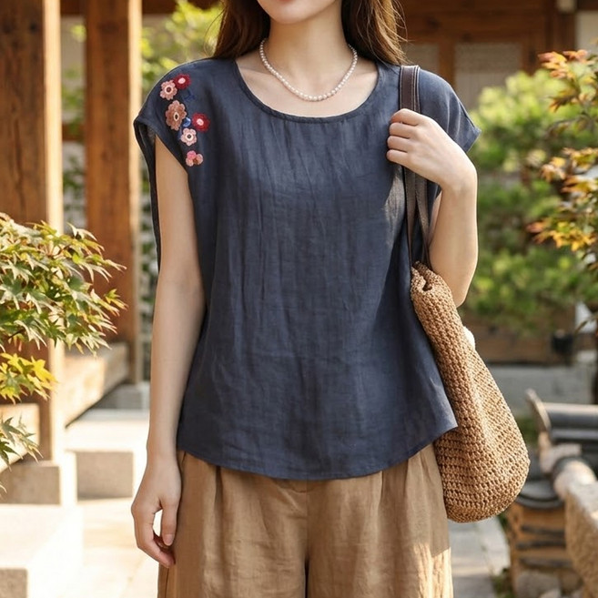 INFIOUS 女款中年薄款大尺碼花朵夏季短袖T恤 I263-0137